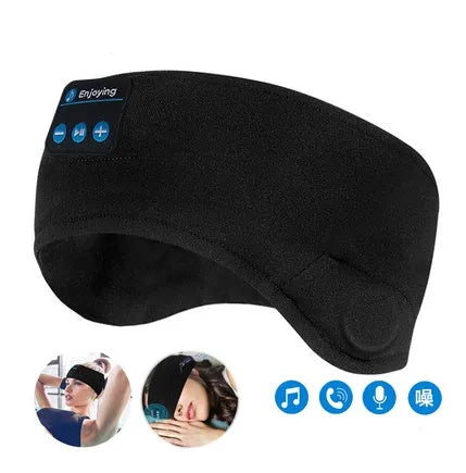 Black wireless Bluetooth sleeping eye mask with integrated speakers for music and sleep