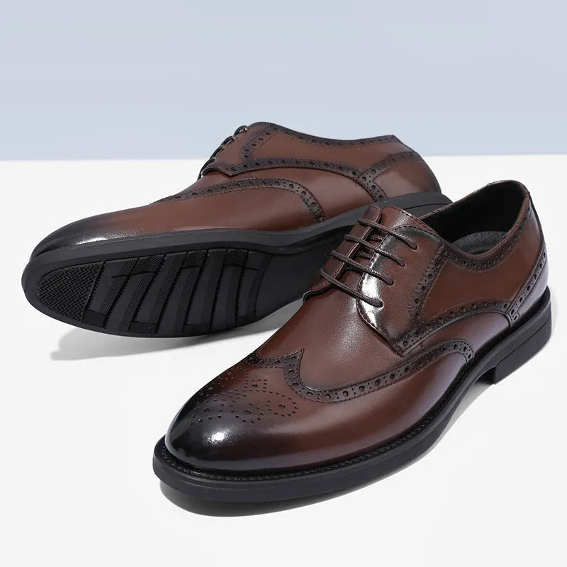 Men's black and brown brogue leather shoes for business occasions with traditional perforated detailing