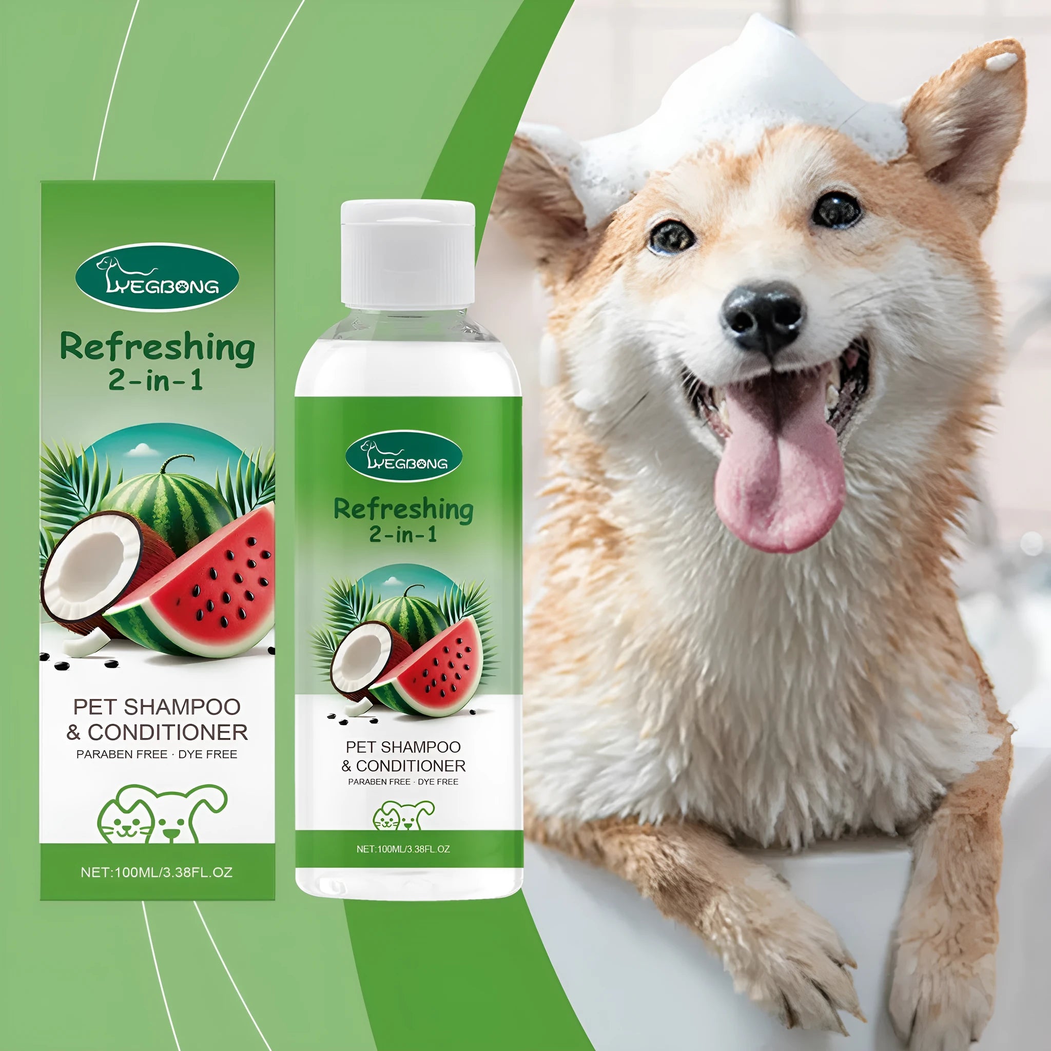 100ml bottle of pet 2-in-1 shampoo shower gel with watermelon and coconut extracts