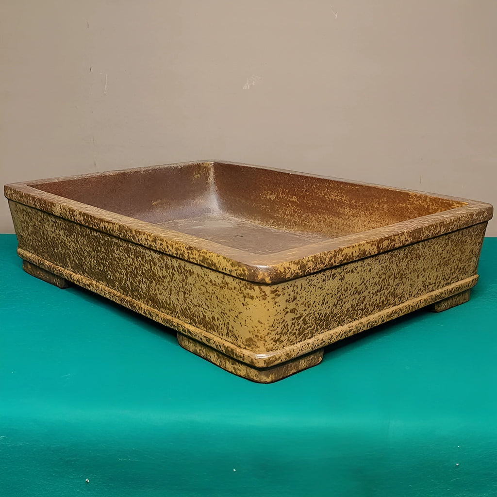 Straight shallow rectangular Yixing Zisha flowerpot in purple sand clay on a ground surface.