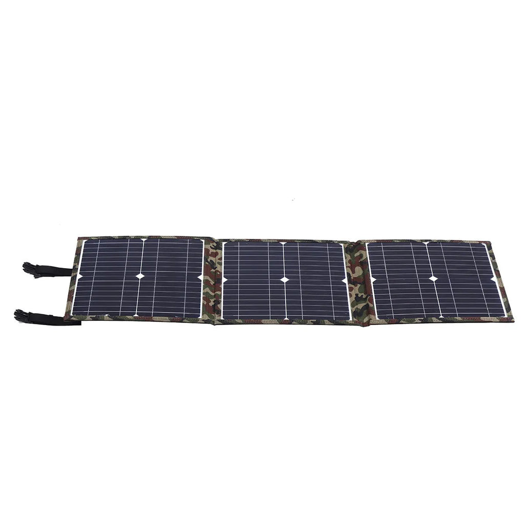 Black foldable 36W portable solar panel with car charger and USB hub accessories on a table.