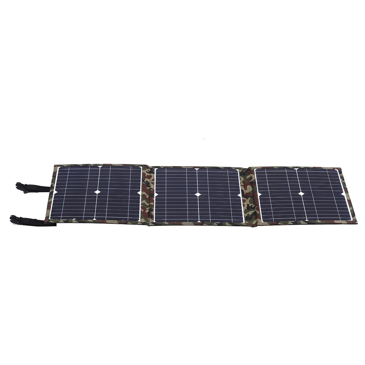 Black foldable 36W portable solar panel with car charger and USB hub accessories on a table.