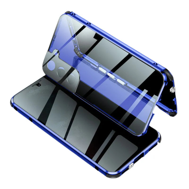 Anti-peeping magnetic phone case for Samsung with double-sided glass and metal frame in solid black colour