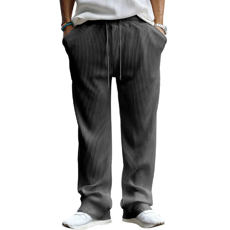 Men's loose fit striped high waist straight leg casual trousers in polyester fabric
