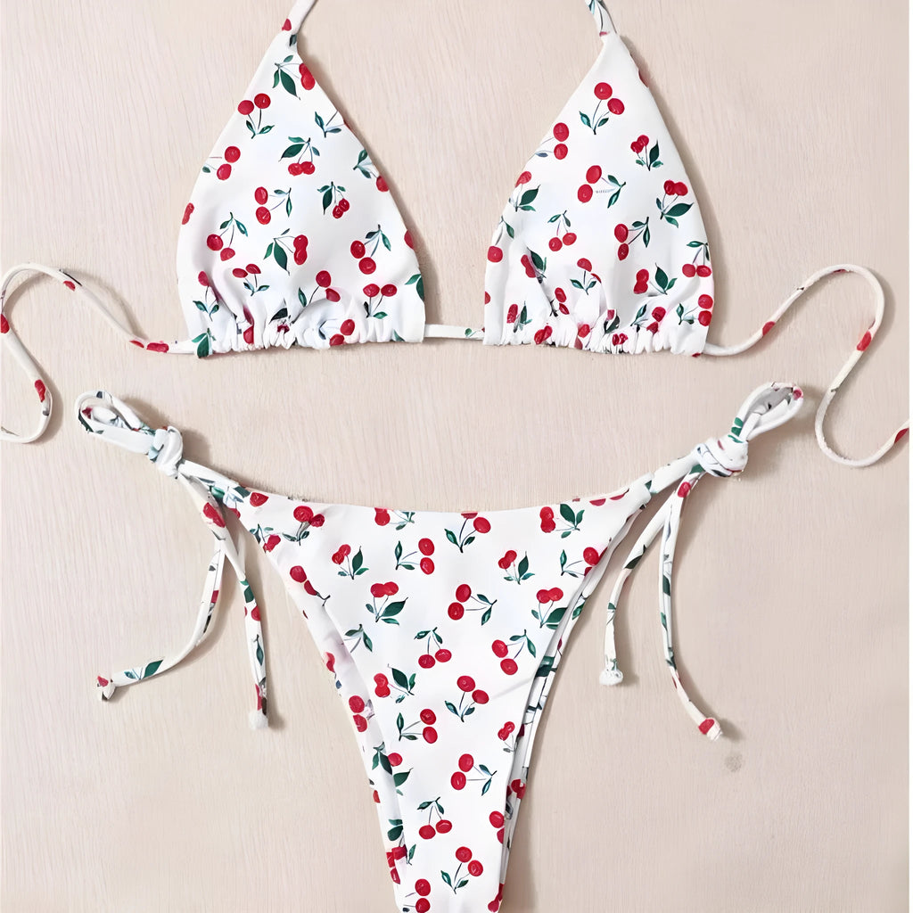 Holiday split halter bikini set in solid colour with nylon lining, backless design, size L