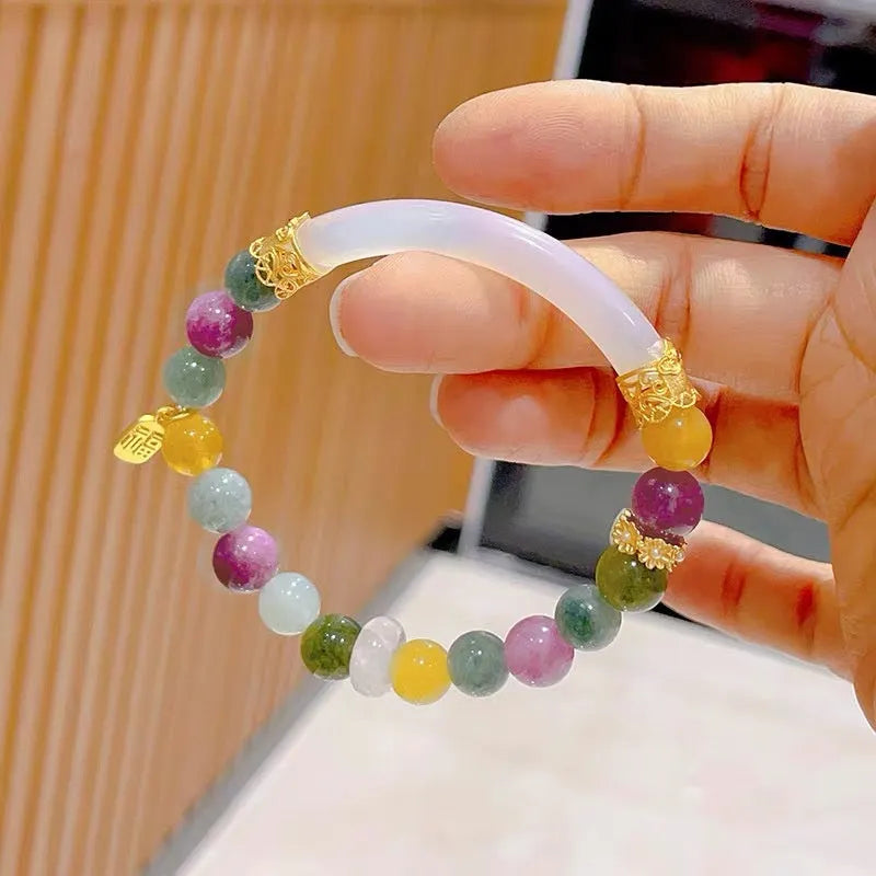 Rainbow coloured tourmaline half bracelet for women with jade pith and electroplated finish