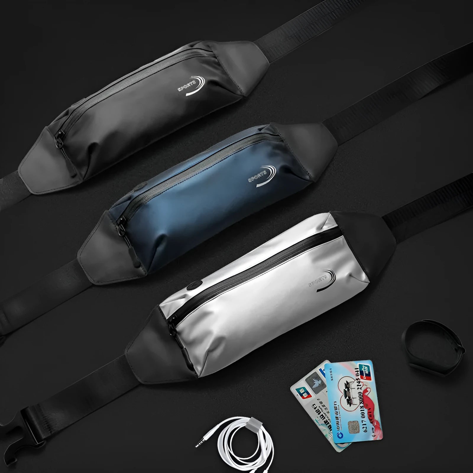 Men's blue waterproof polyester sports waist bag with adjustable strap.