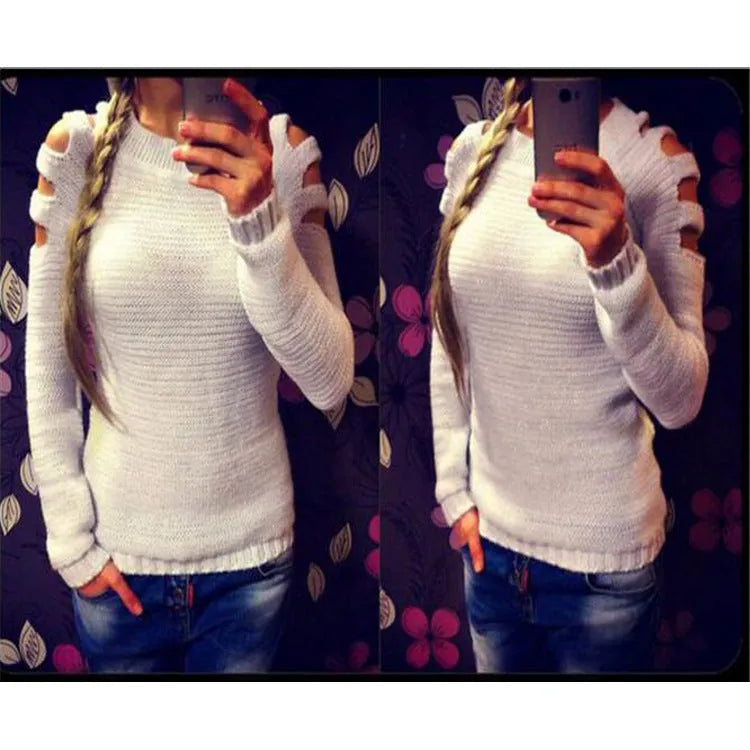 Grey women's knitted shirt with hollow-out crochet pattern, round neck and long sleeves.