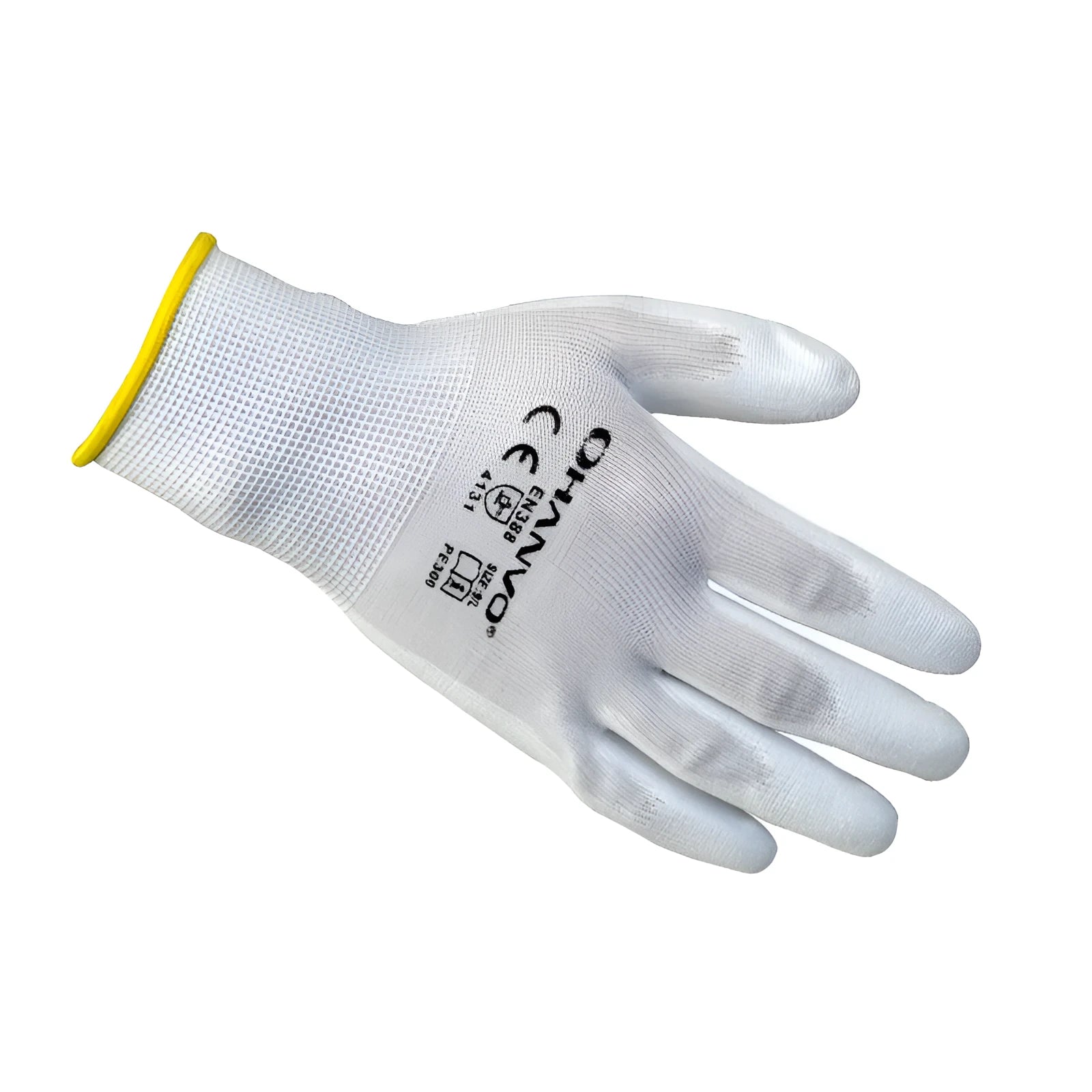 White PU coated labour gloves with 24 cm length shown in large and medium sizes