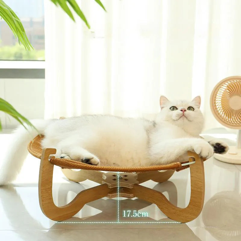 Brown woven rattan raised pet bed for cats and dogs, measuring 46cm square.