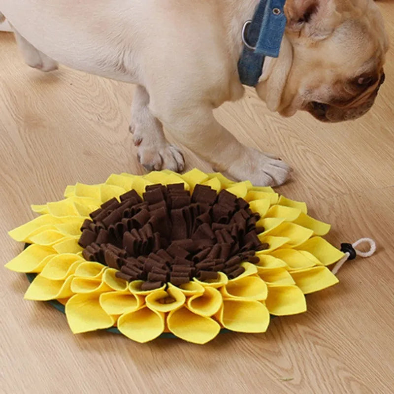 Yellow sunflower snuffle mat for dog nosework training with rope attachment
