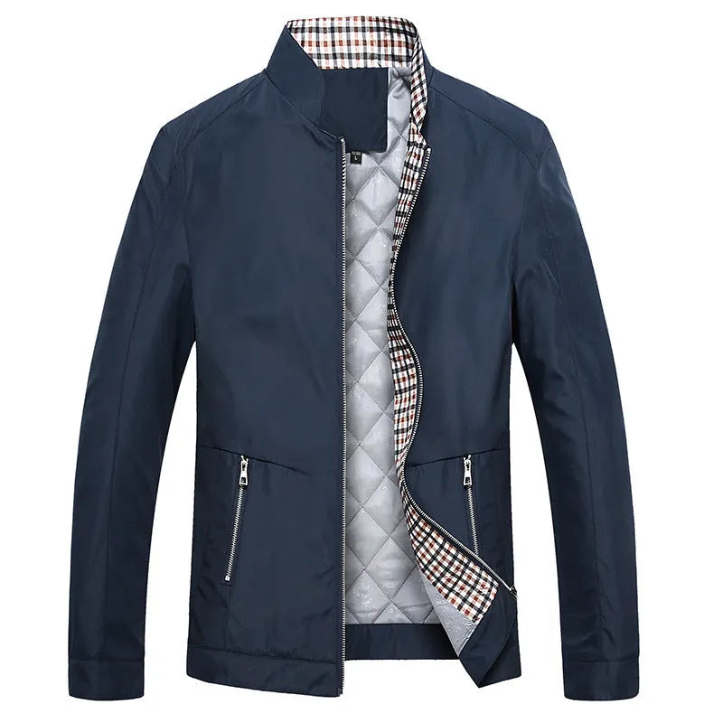 Winter thick business casual stand collar jacket in black with front zipper and loose fit