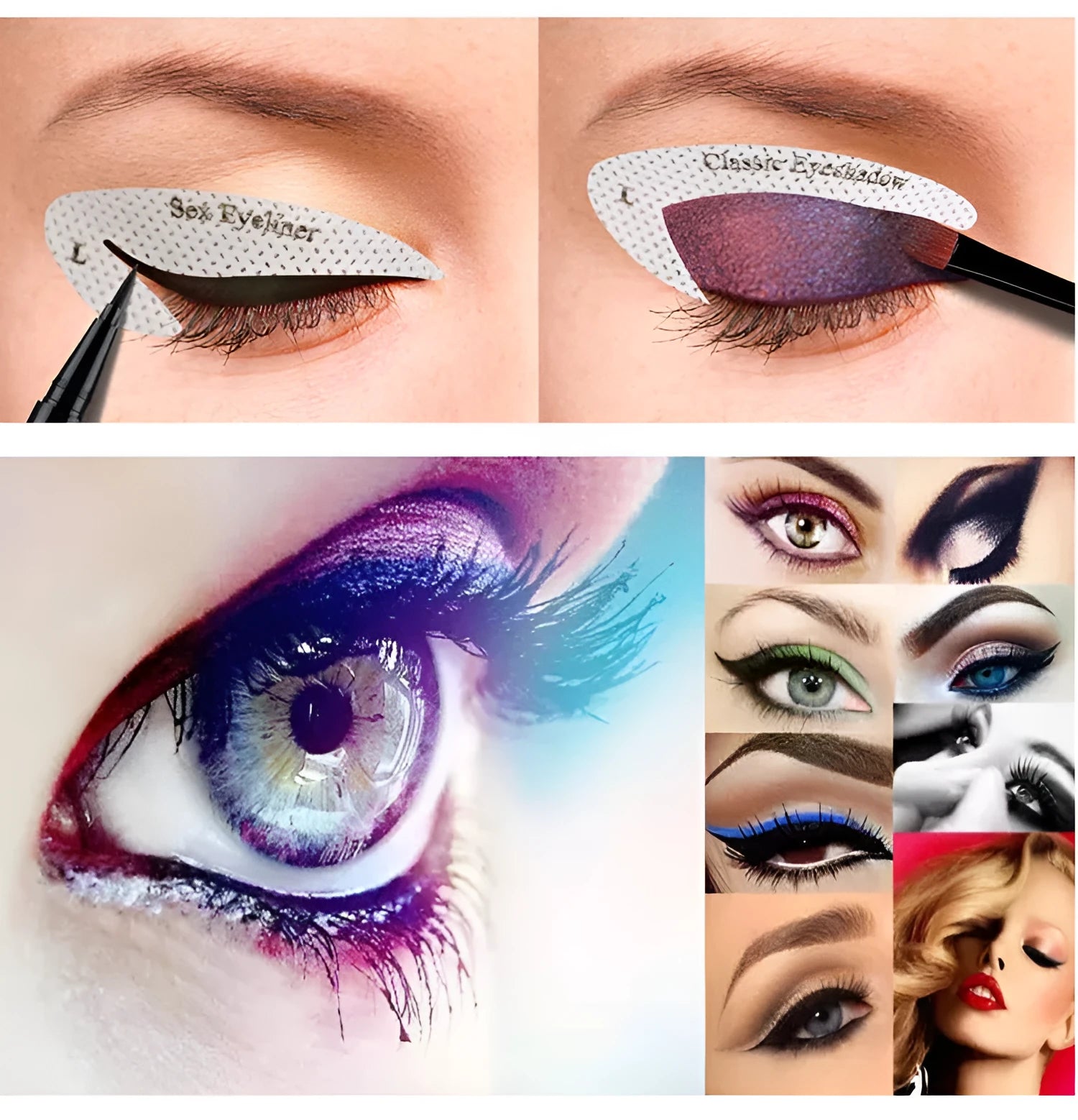Set of four reusable flexible eyeliner and eyeshadow makeup stencil templates on a pink background