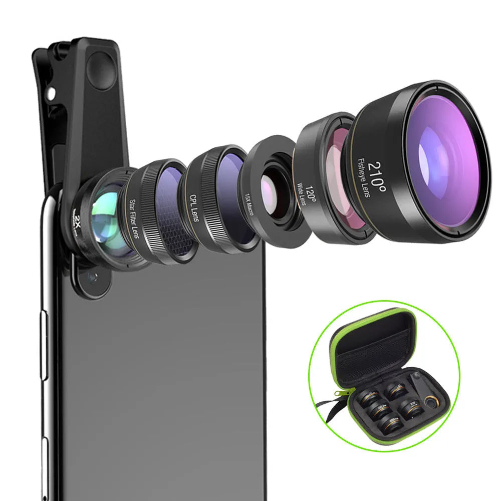 Black 6-in-1 smartphone lens kit with fisheye, macro, wide-angle, telephoto lenses and filters in EVA case