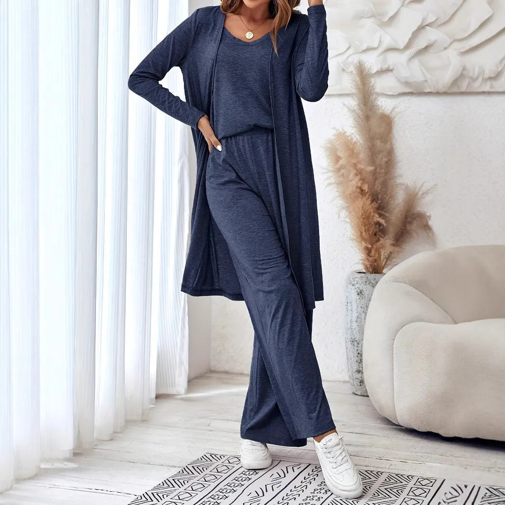Blue women's three piece suit with sling top, long cardigan, trousers and suspenders in Japanese Korean casual style