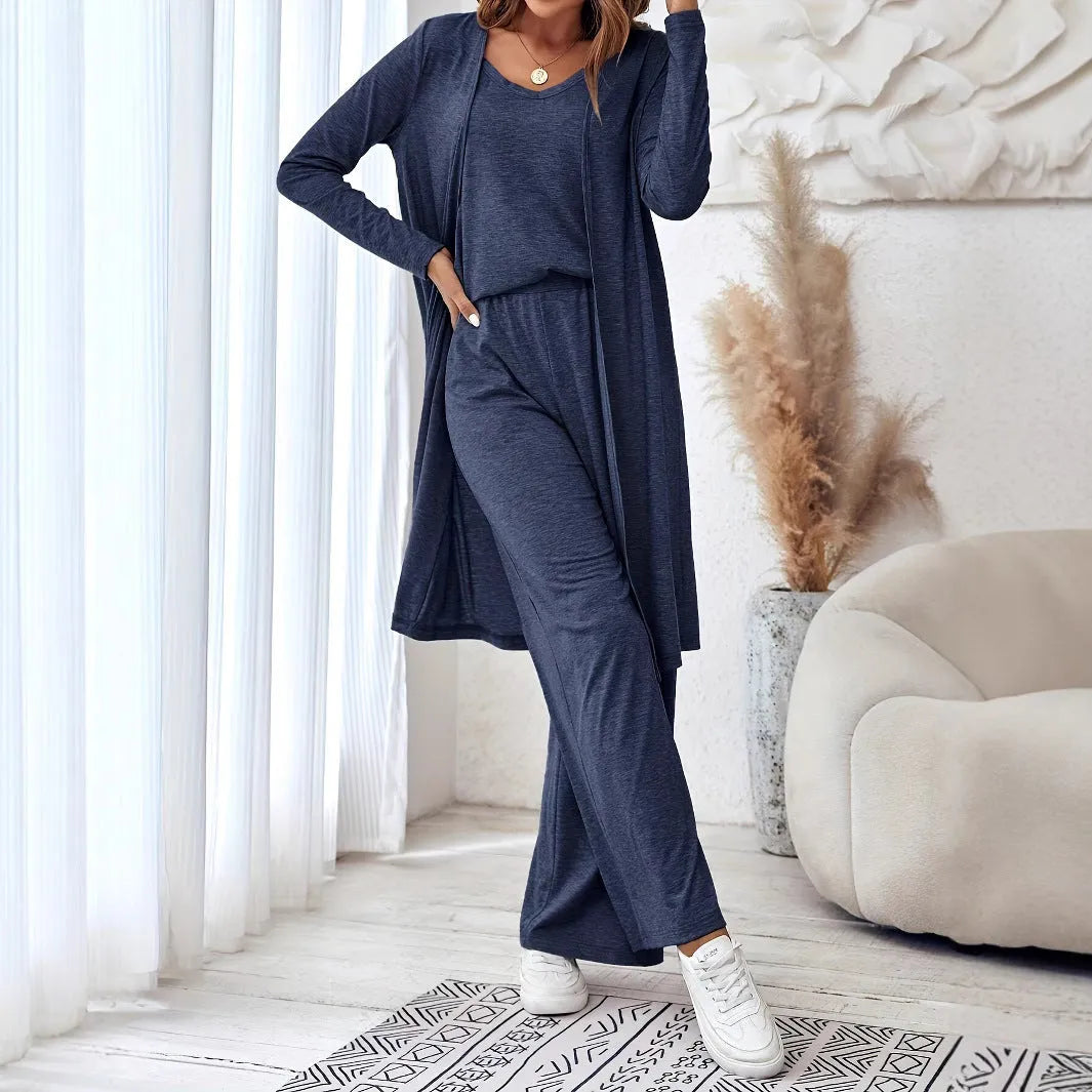 Blue women's three piece suit with sling top, long cardigan, trousers and suspenders in Japanese Korean casual style