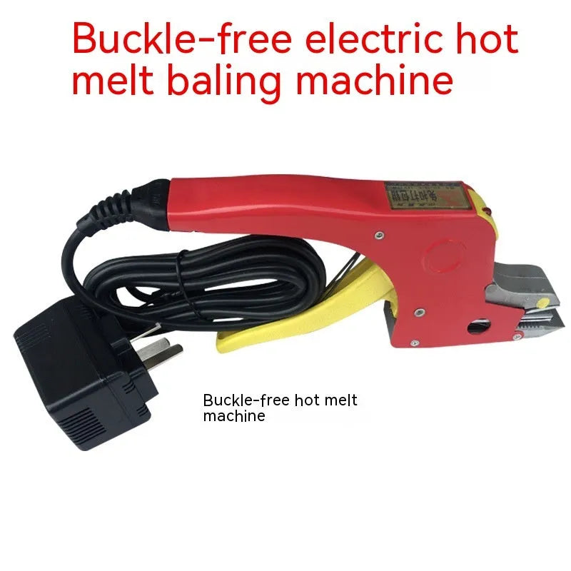 Electric hot melt packing machine with plastic steel tensioner and roll of yellow packaging tape