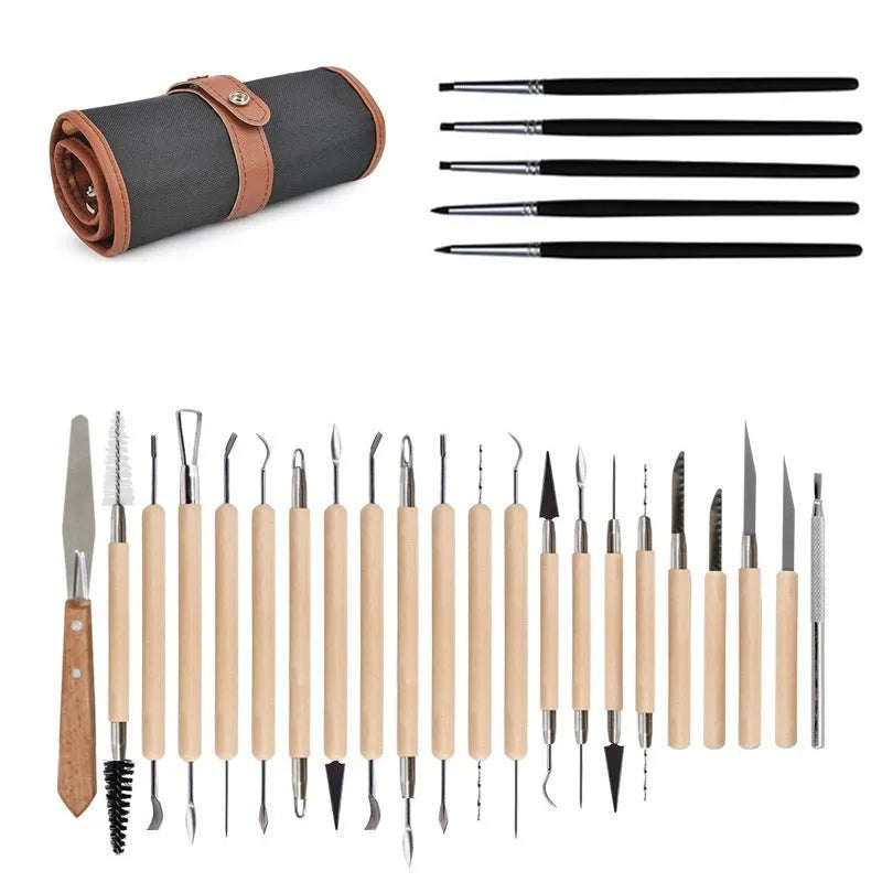 27-piece pottery clay tools set with stainless steel implements, wood handles and plastic accessories in OPP bag