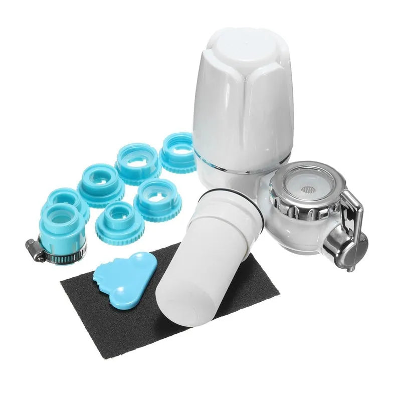White plastic faucet water filter with ceramic cartridge and set of tap thread adapters