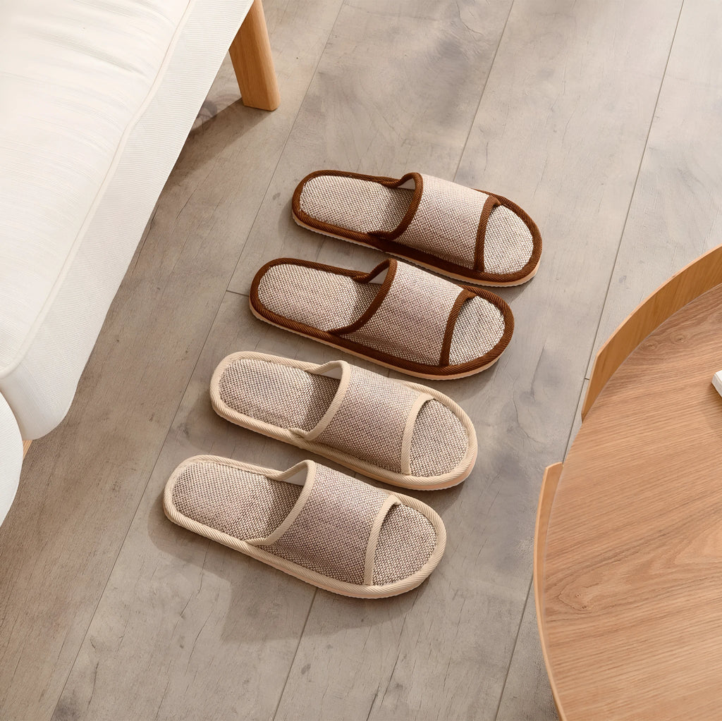 Women's open toe slippers in linen material, shown in a light brown colour with thickening sole.