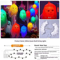 String of battery-powered coloured LED Halloween lights with plastic housing for indoor wall decoration.