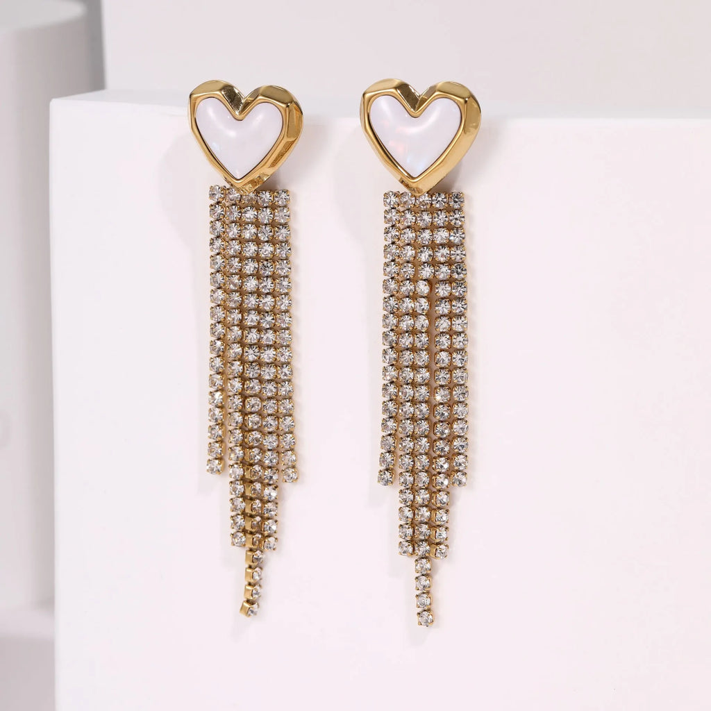 Women's stainless steel heart and star shaped earrings with electroplated 18K gold finish and geometric tassel design