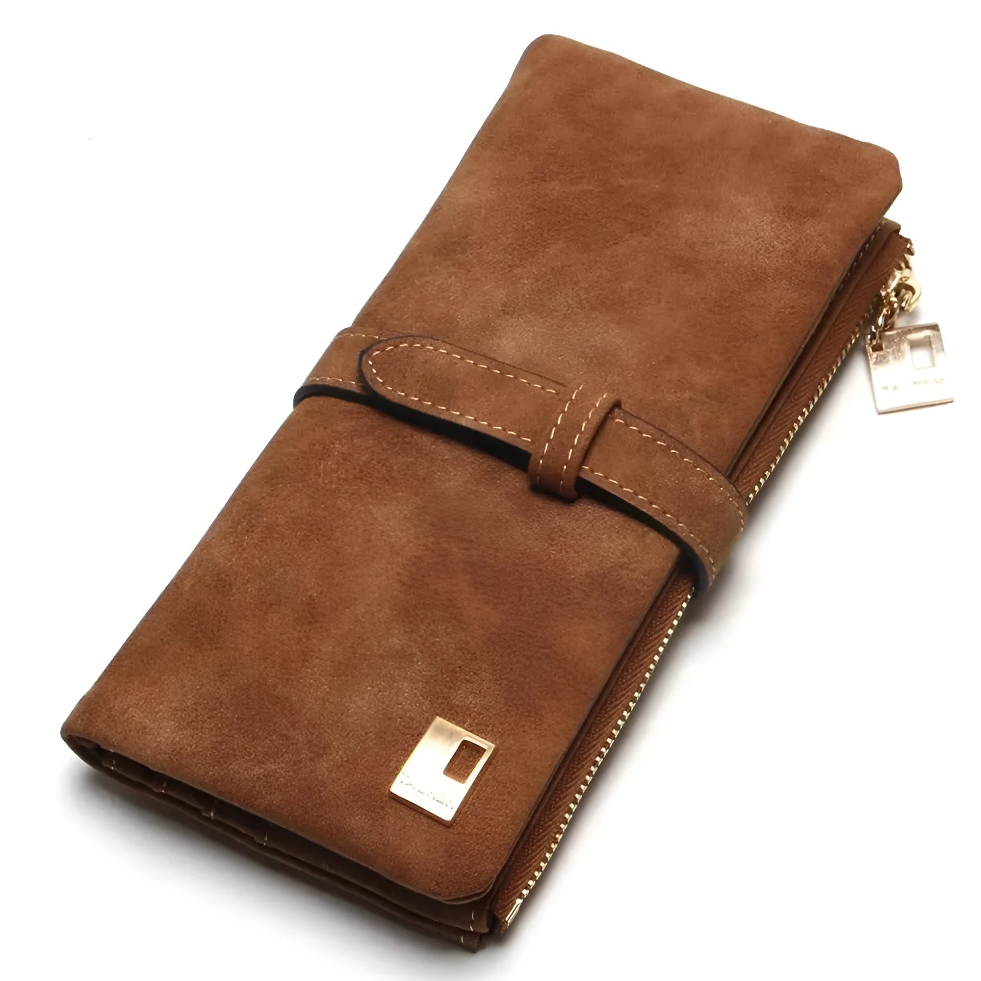 Long vertical women's wallet in matte PU leather with a central zip, shown open to reveal card slots and a phone pocket.