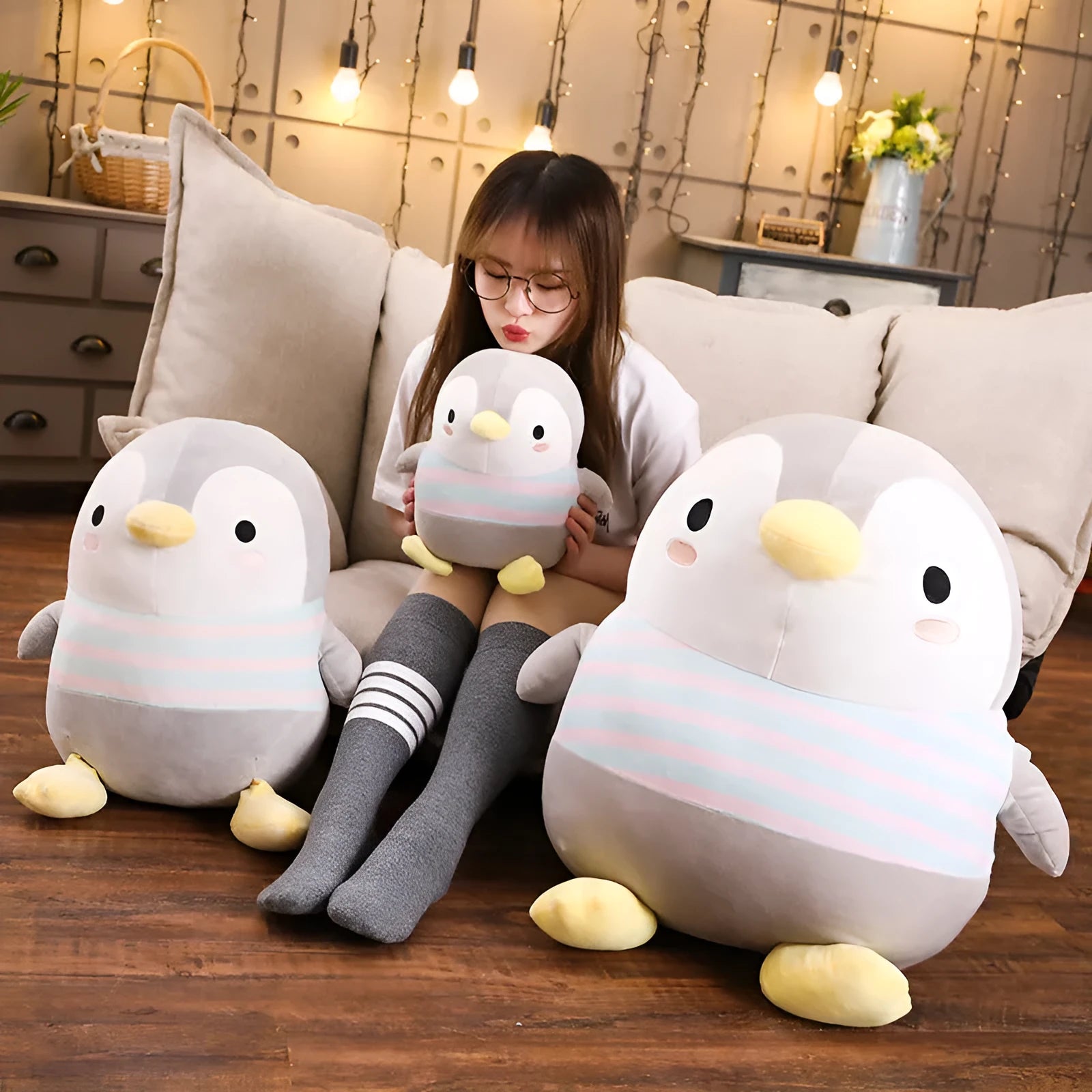 Kawaii penguin plush doll with quality PP cotton filling in crystal super soft red fabric, 50cm size