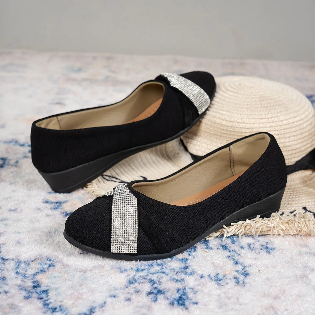 Women's black slip-on casual shoes with rhinestones and 6-8cm chunky heel