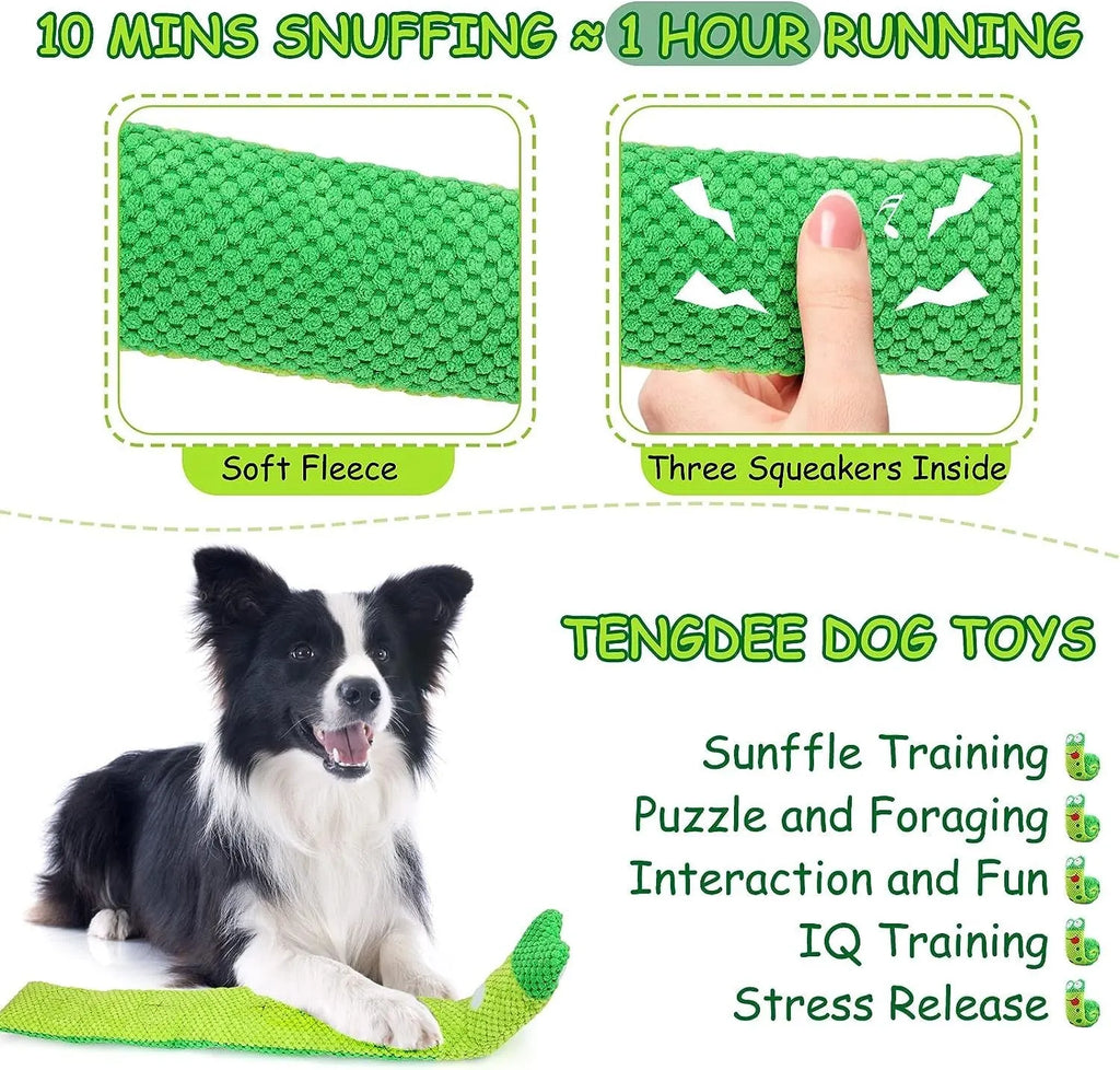 Shape-changing dog puzzle toy shown as a snail and a stick, with hidden food holes and a squeaker.