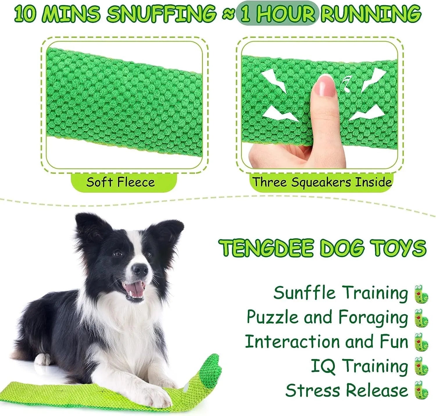 Shape-changing dog puzzle toy shown as a snail and a stick, with hidden food holes and a squeaker.