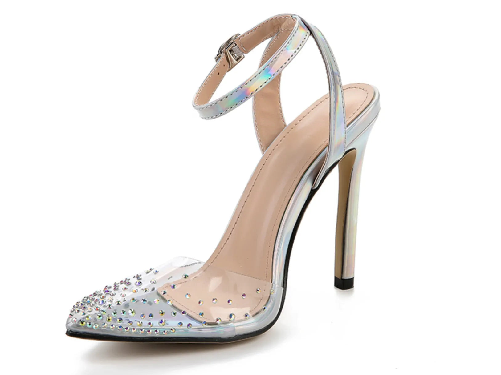 Women's pointed toe stiletto sandals with crystal diamond embellishment on the PVC upper.
