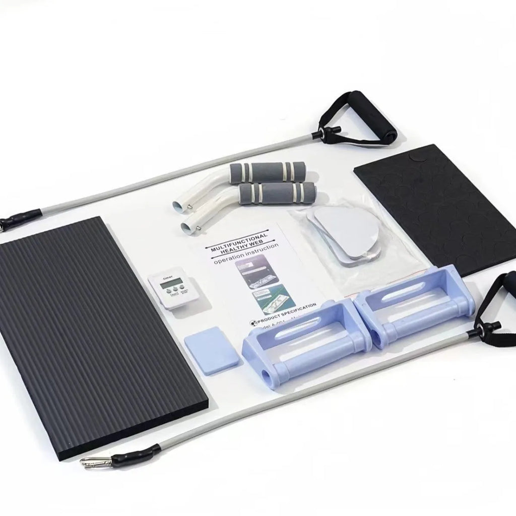 Purple foldable plastic supine board for abdominal exercises lying flat and folded for storage.