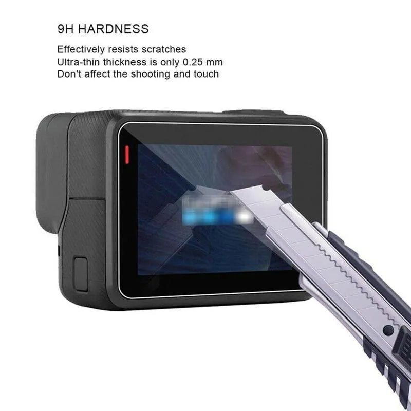 GoPro Hero 5 6 7 transparent tempered glass lens and LCD screen protector films laid flat.