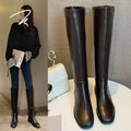Women's thick heel mid-heel over the knee boots in black with car suture detailing