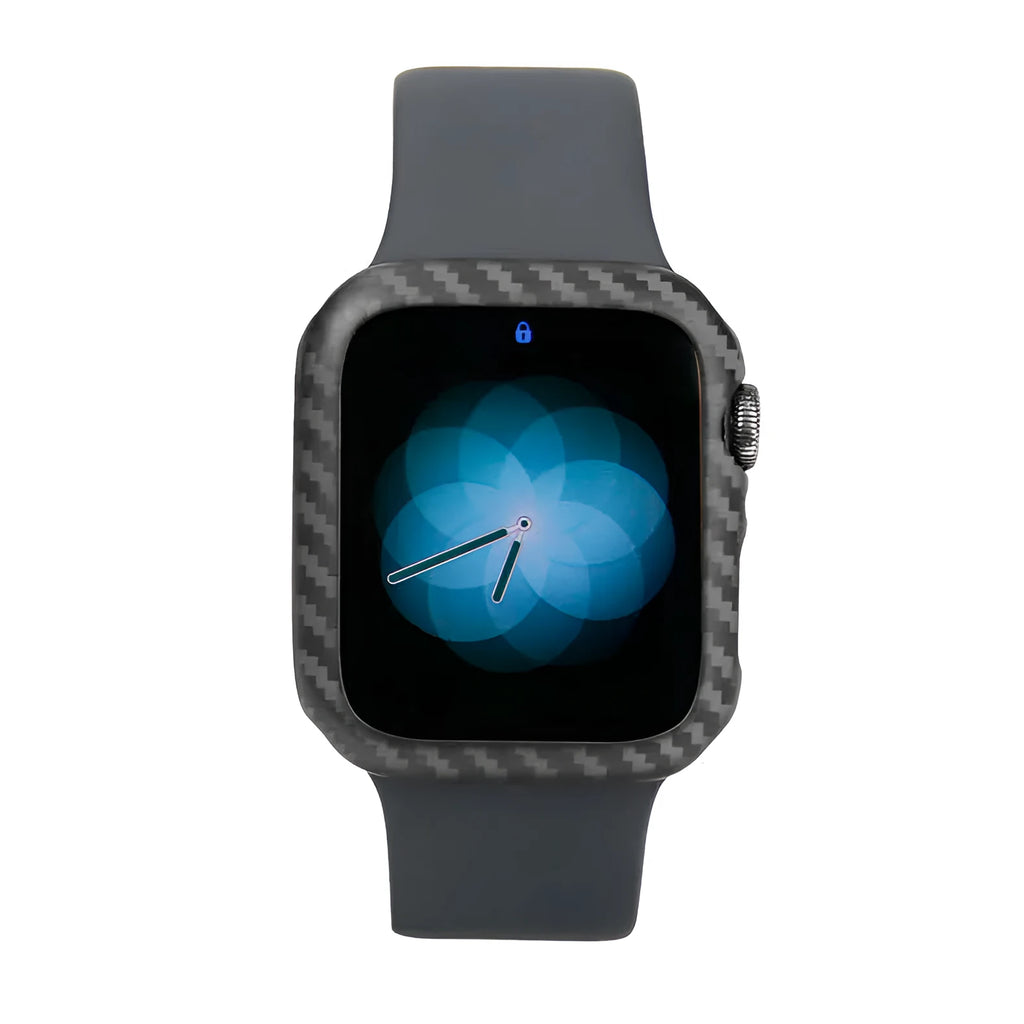 Bright black carbon fibre half wrap leather case on a 44mm Apple Watch 4
