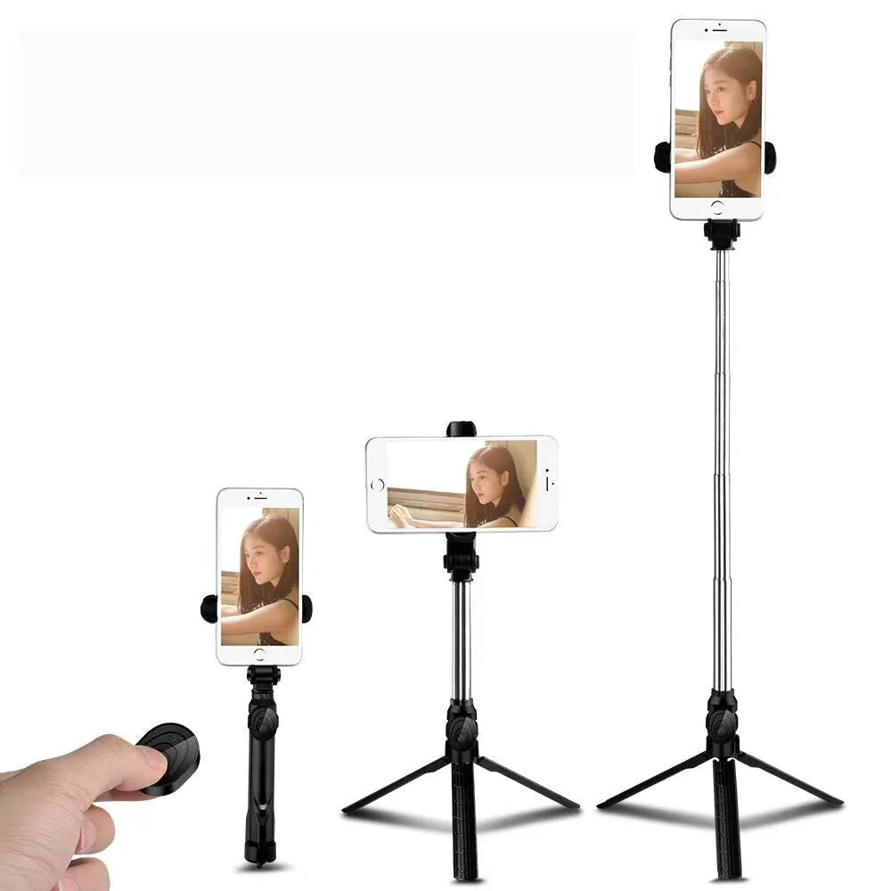 Bluetooth selfie stick tripod with remote control extended, showing adjustable phone clip in black colour.