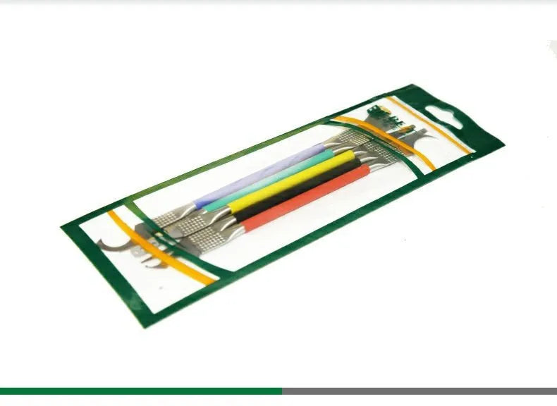 Five stainless steel plastic removal pry tools for electronics disassembly on a work surface.