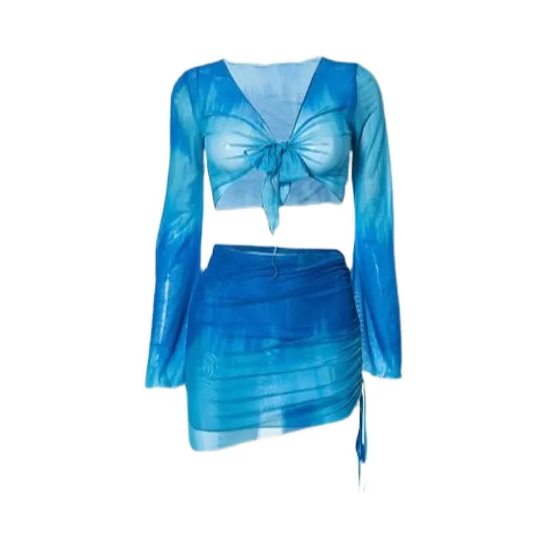 Women's blue high-waisted bikini four-piece set with shirt, bra, underwear and skirt for swimming