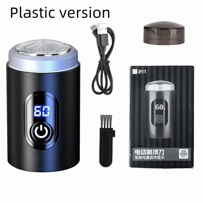 Black rechargeable USB shaver with LED display, cleaning brush, and protective cover