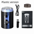 Black rechargeable USB shaver with LED display, cleaning brush, and protective cover