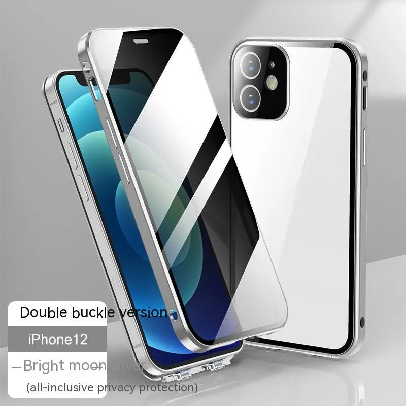Glass privacy phone case with a double-sided buckle shown in multiple colours for iPhone models.