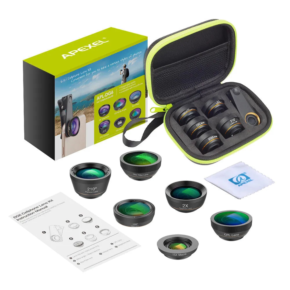 Black 6-in-1 smartphone lens kit with fisheye, macro, wide-angle, telephoto lenses and filters in EVA case