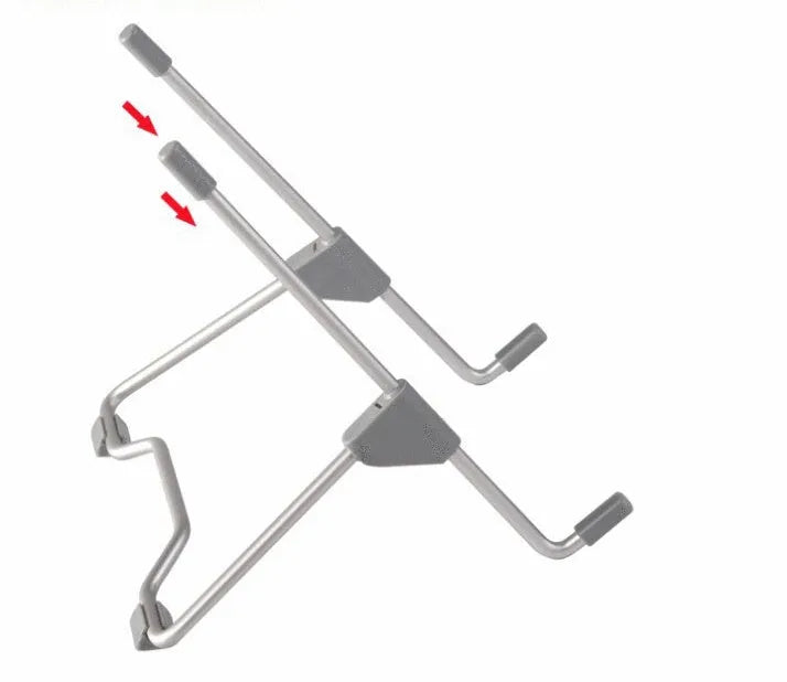 Grey aluminium alloy mobile phone and laptop stand with adjustable angles on a desk