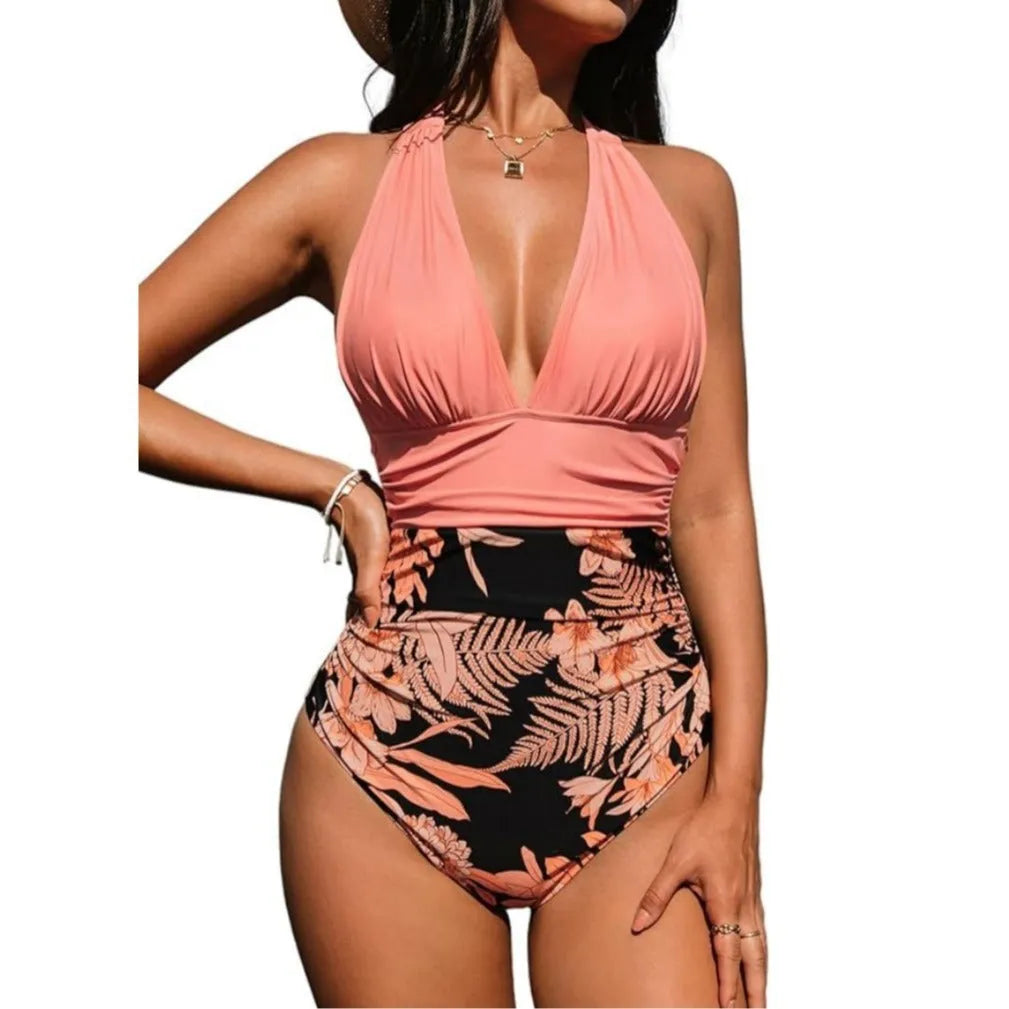 Women's halter neck one-piece swimsuit in quick-drying polyester fabric