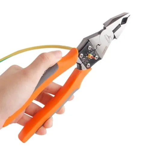 Orange multi-function wire cutter pliers with plastic handles and alloy steel jaws.