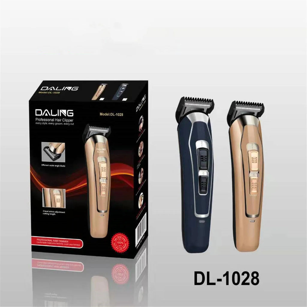 Dark blue and coffee coloured rechargeable electric hair clipper with European plug