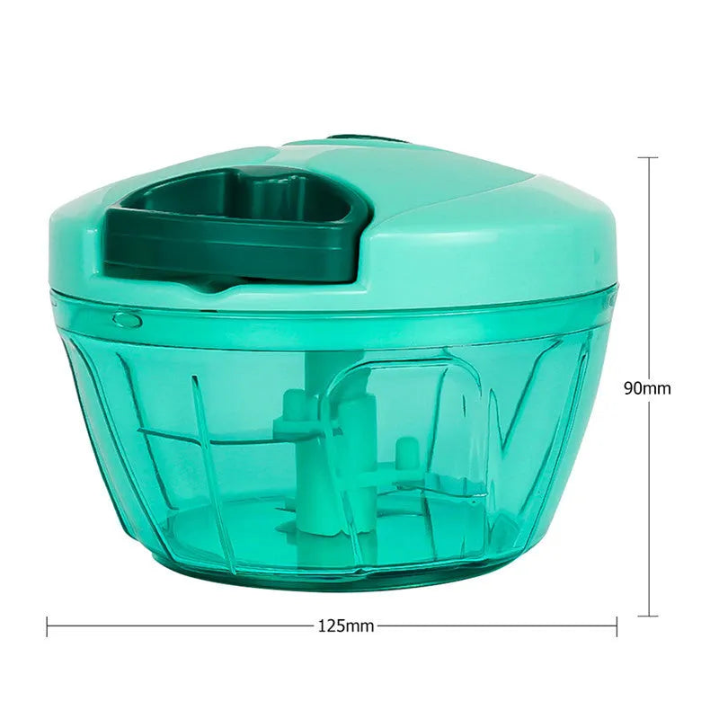 Green manual kitchen chopper with three stainless steel blades and a 500ml capacity bowl.