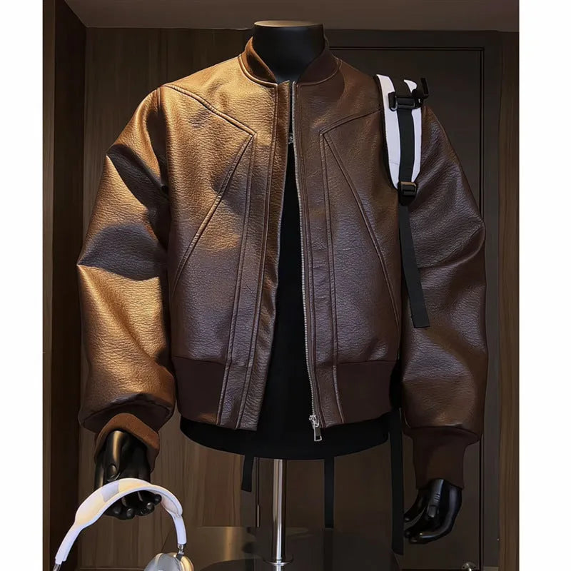 Men's black PU litchi leather jacket with extended 100cm length and light business styling