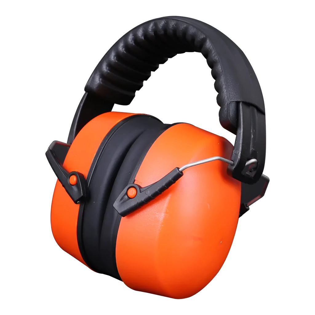 Orange head-mounted noise-cancelling headphones and protective earmuffs with an adjustable elastic headband